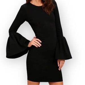 Lulu’s Double Flair Black Long Bell Sleeve Mini Length Bodycon Dress Size S NWT